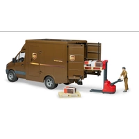 BRUDER MB Sprinter UPS z figurką podnośnikiem i z akcesoriami spedycyjnymi 02538
