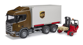 BRUDER Scania Super 560R kontener UPS z wózkiem widłowym i paletami 2szt