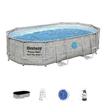 BESTWAY Basen stelażowy Power Steel Swim Vista z oknem 488x305x107cm 16x10FT 6w1 + Pompa piaskowa