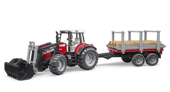 BRUDER Traktor Massey Ferguson 7480 z ładowaczem czołowym, przyczepą do drzewa